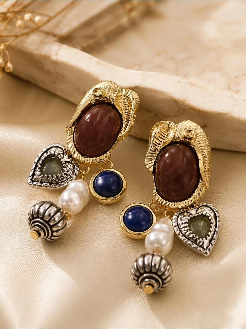 Gold-Tone Multicolor Statement Drop Earrings with Brown and Blue Stones NWOT